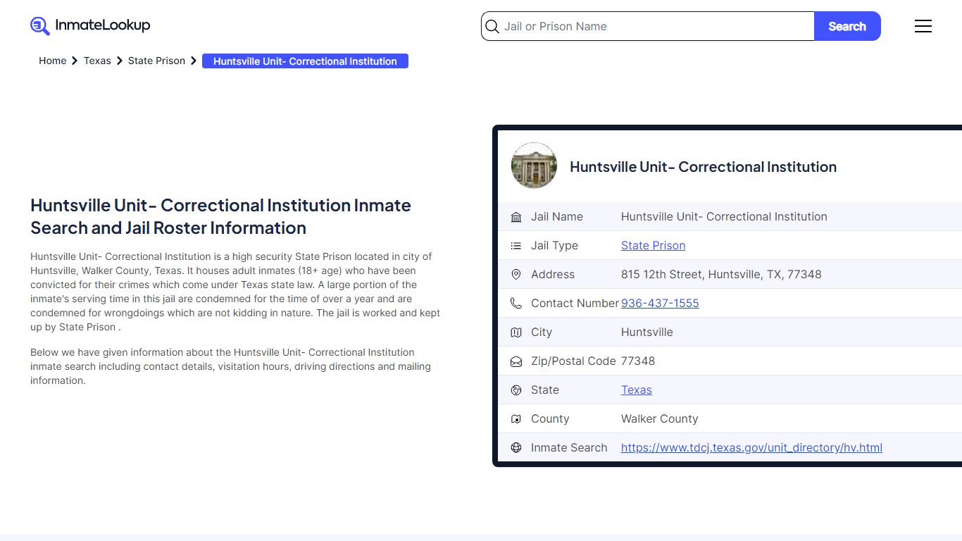 Huntsville Unit- Correctional Institution Inmate Search, Jail Roster ...