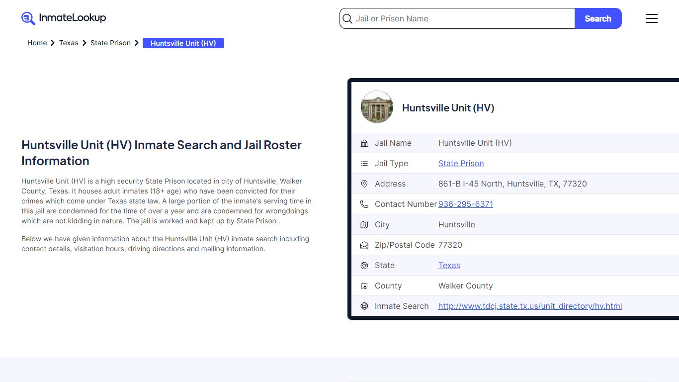 Huntsville Unit (HV) Inmate Search and Jail Roster Information